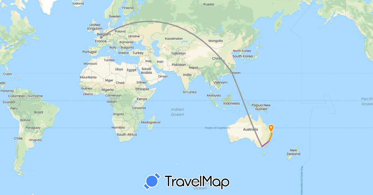 TravelMap itinerary: driving, plane, train, hitchhiking in Australia, China, France (Asia, Europe, Oceania)